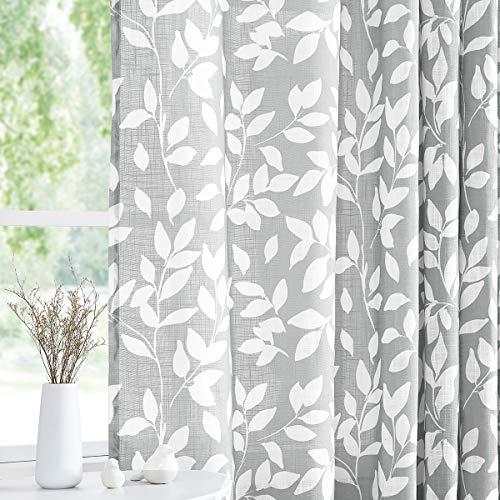 White and Grey Curtains for Bedroom 84" Length Semi-Sheer Print Leaf Curtains for Living Room Windows, Grommet Top, 1Panel