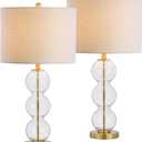 JONATHAN Y 27" Clear/Brass Triple-Sphere Glass Table Lamp Set of 2, Bedside, White Linen Shade, Modern Table Lamps for Living Room, Bedroom, Office, LED Bulbs Included JYL1070A-SET2