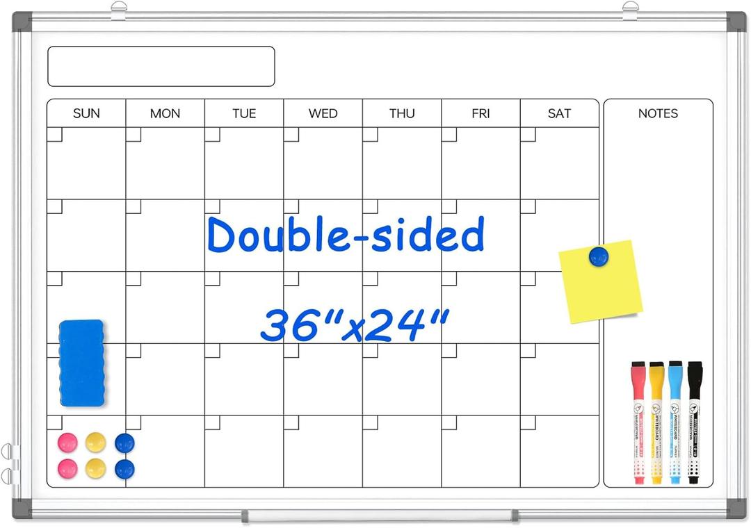 Monthly Calendar Dry Erase Whiteboard for Wall, 36" x 24" Double-Sided Calendar White Board, Magnetic Portable Board for Office, Kitchen, School, Home (Silver Frame)