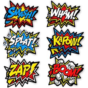 Bigtime Signs 12 Pieces Super Hero Stickers - Superhero Party Decorations for Birthday - Superhero Themed Party Favors - 12"x16" Sound Effect Signs for Kids - Boom Pow Sign and Decorations