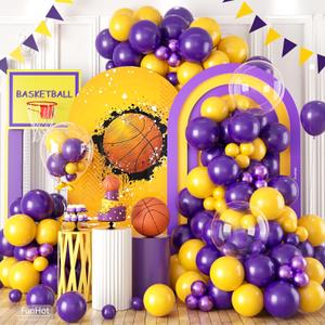 Purple and Yellow Balloon Garland Arch Kit,Basketball Balloons Arch, 120Pcs Purple Yellow Clear Latex Balloons with 18/12/5 Inch Different Sizes for Boy Basketball Sport Theme Graduation Birthday