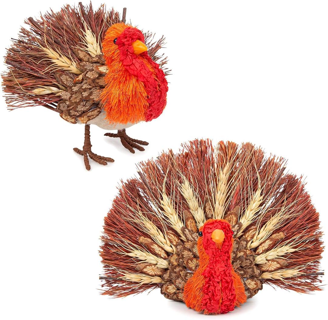 Thanksgiving Decorations Indoor, Set of 2 Turkey Decorations for Table, Natural Material Turkey Decor for Home, Thanksgiving Fall Harvest Home Decor