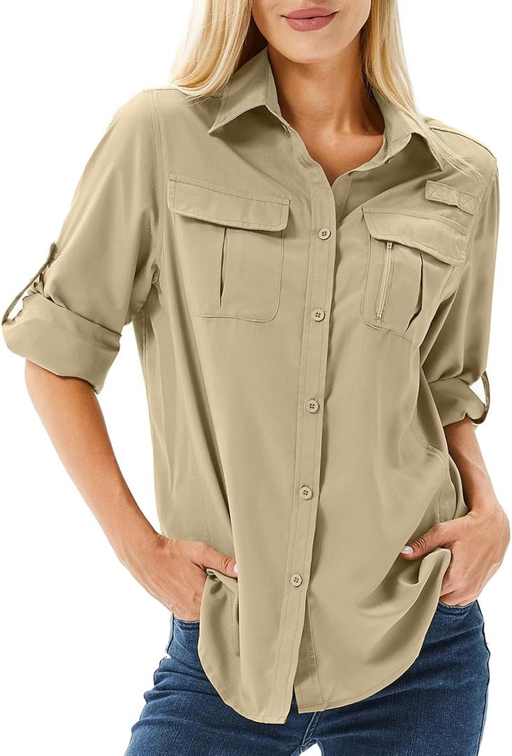 Women's UPF 50 Long Sleeve Sun Protection Shirts Safari Fishing Hiking (Khaki) XS