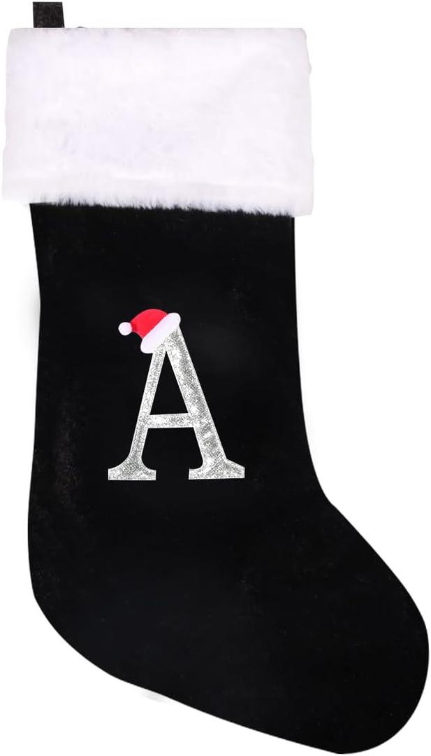 20 Inches Initial Monogram Christmas Stocking Personalized,Deluxe Black Velvet Body with Super Soft Plush Cuff Embroidered Letter,Holiday Season Decor (Black, Letter A)