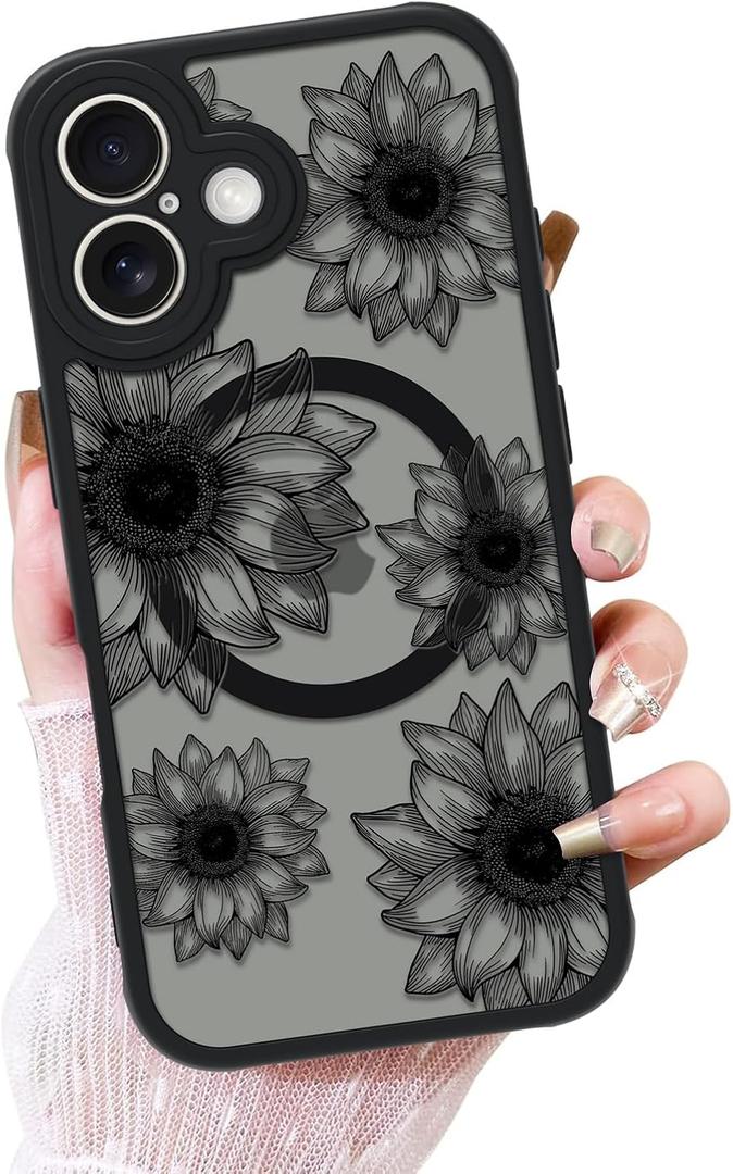 OOK Black Case Design for iPhone 16 Case [Compatible with MagSafe], Cute Sunflower Floral Blooms Design Frosted Shockproof for Women Girls Magnetic Phone Cover - Black Flower