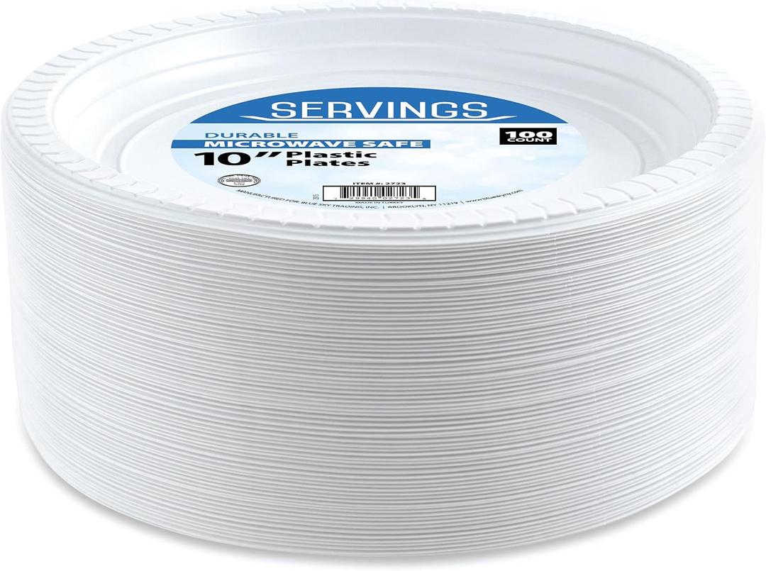 Blue Sky 10 Inch White Plastic Plates - [100 Count] Disposable Plastic Plates, Microwave Safe, Perfect for Birthday Parties, Weddings, Banquets, Picnics, and Everyday Use