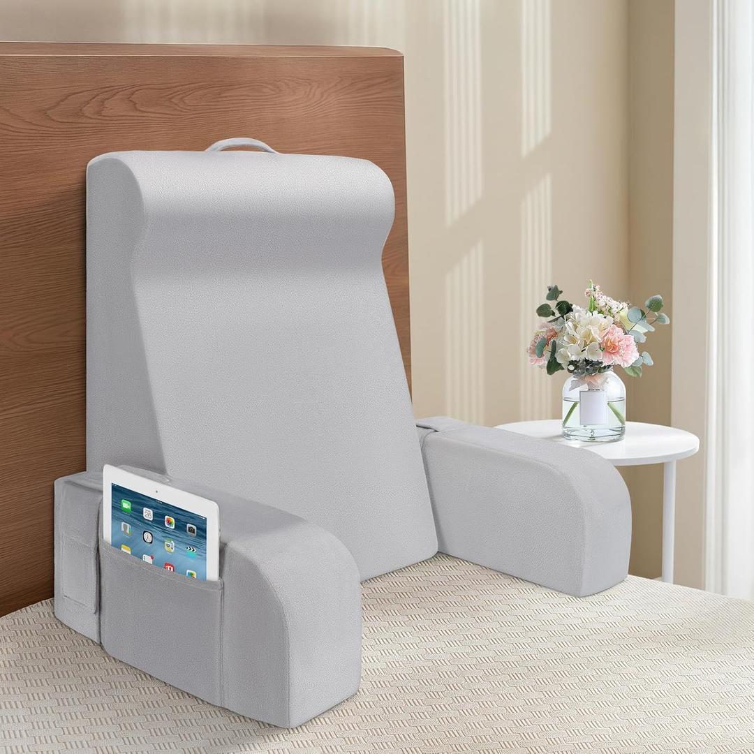 LEBENGURU 24" Bed Reading Pillow for Sitting in Bed Adult, Upgrade Backrest Support Pillow with Armrest Strap-on, Chair Pillow with Removable Cover and Pocket for Relaxing, Reading, or Watching TV