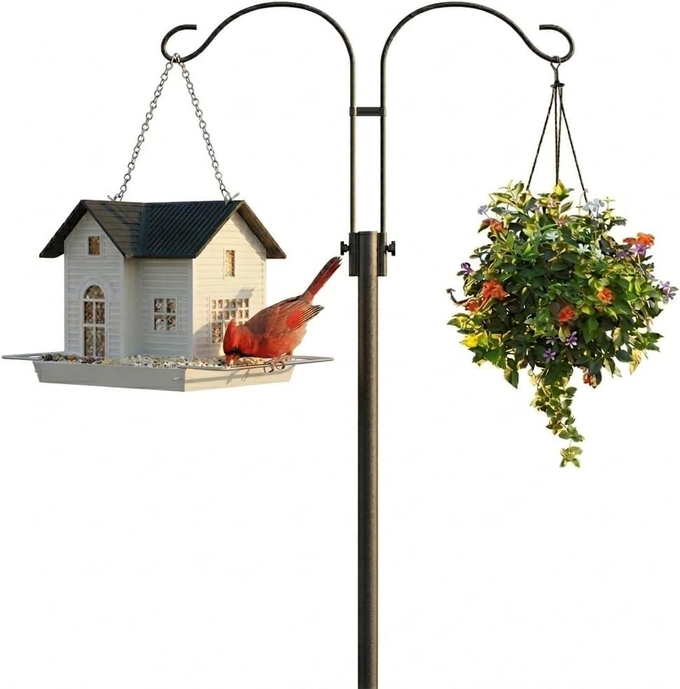 MrCrafts 82 Inch Bird Feeder Pole with Spiral Ground Anchor, Heavy Duty Shepherds Hooks for Outdoor Bird Feeder Stand, Extra Stable Metal Garden Hook for Hanging Plants, Solar Lights, Baskets, Black