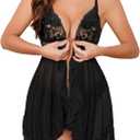 Foxiny Sexy Open Front V Neck Ruffle Sheer Mesh Lace Wireless Babydoll Lingerie Dress with Thong 2 Piece (Black, Large)