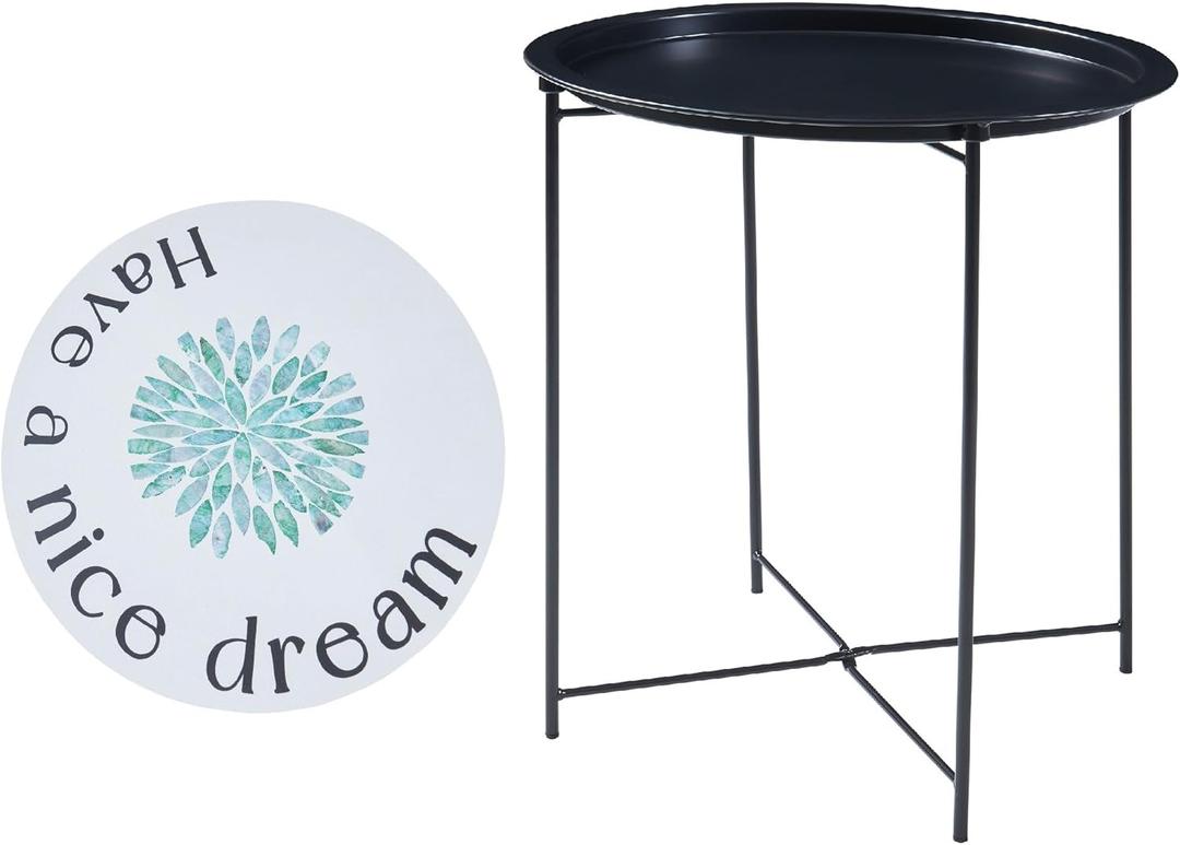 Foldable Side Table with Table Mat18.6,Plant Round Portable End Table,Metal Snack Table,Tray Desk for Indoor Outdoor,Patio, Living Room,Bedroom,Sturdy & Moisture Resistant (Black)