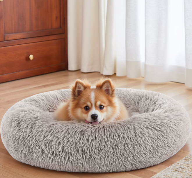 Washable Small Cat Dog Bed,Calming Anti Anxiety Round Donut Dog Bed,Cute Kitten Cat Beds for Indoor Cats,Fluffy Puppy Dogs Beds for Small Dogs, Anti-Slip Comfort Pet Bed(Grey,S)