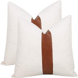 Cygnus Set of 2 White Linen Patchwork Faux Leather Throw Pillow Covers for Couch Living Room Bedroom, Modern Accent Decorative Square Cushion Covers 20x20 inch (White, 20x20 inch)