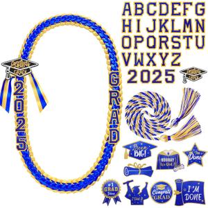 Graduation Leis 2025 Grad Money Ribbon Lei Class of 2025 with 8 Patches Pins for Him Her Graduation Party Decorations (Blue)