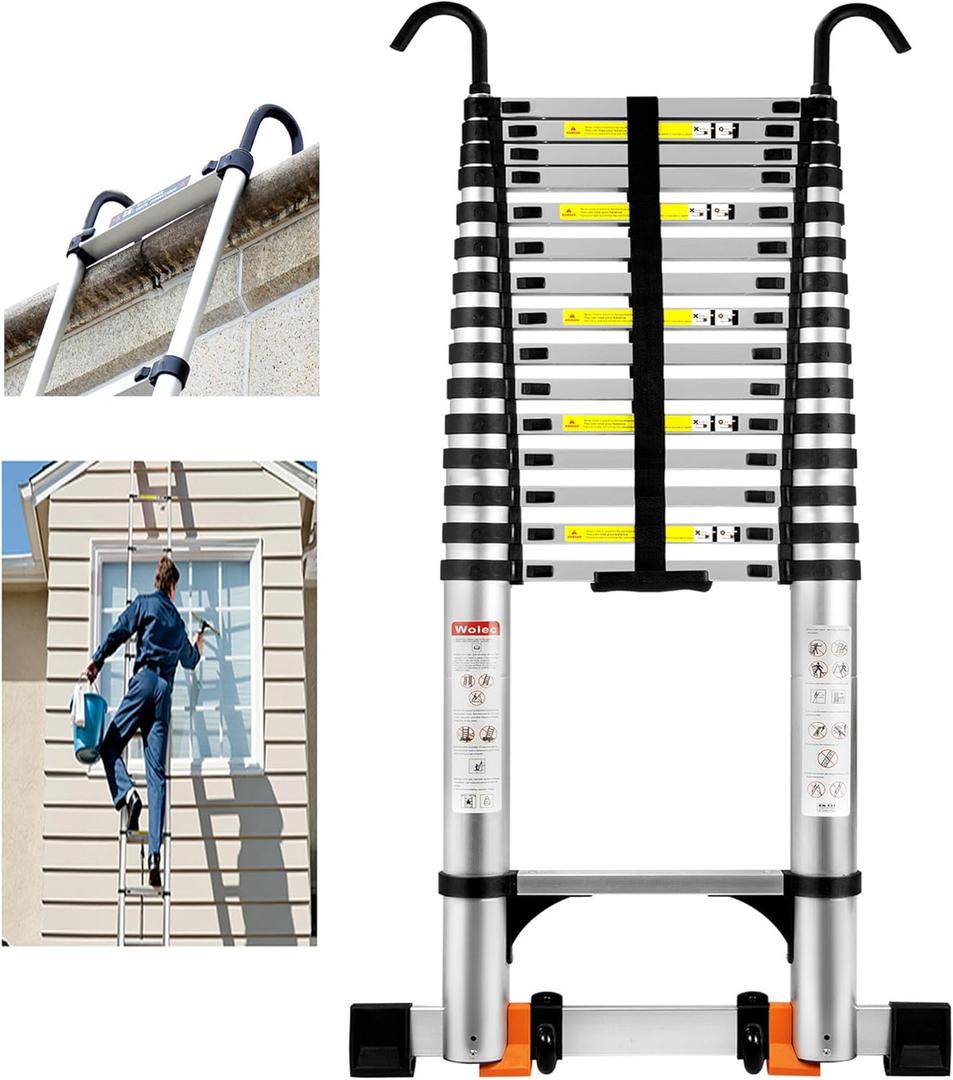 Telescoping Ladder, 20.3FT Aluminum Portable Extension Ladder w/Hooks, Stabilizers& Wheels, 330lbs Capacity, Collapsible Design, Outdoor & RV Friendly, Aluminum, Sturdy & Reliable, Black