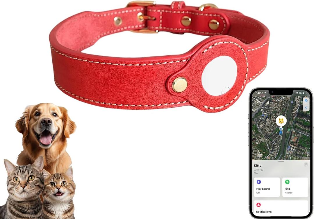 Leather Dog Outdoor Positioner, Tracker for Pet Only iOS System, Smart Location Tracking Leather Collar, Map Reality, Works Worldwide with Any Collar, No Other Fees, Find My, Red