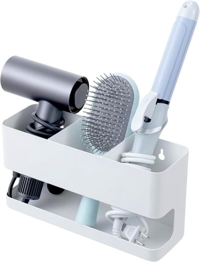 MyGift Hair Tool Organizer, 3-in-1 Metal Hair Dryer Holder, Wall Mounted Blow Dryer Holder, White Bathroom Organizer for Curling Irons, Hair Straighteners, Hair Brush Holder and Hot Tools