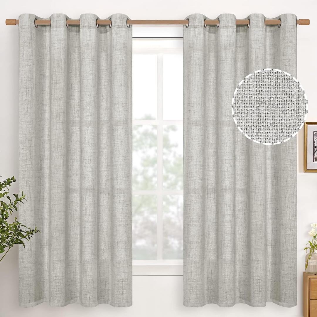  Light Grey Linen Semi Sheer Curtains 63 Inches Long for Bedroom 2 Panels - Textured Light Filtering Window Drapes with Bronze Grommet Privacy for Living Room, 2 Panels, 52 X 63 Inch