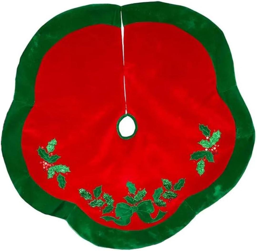 Kurt Adler 48-Inch Velvet Red with Green Leaves Applique Treeskirt