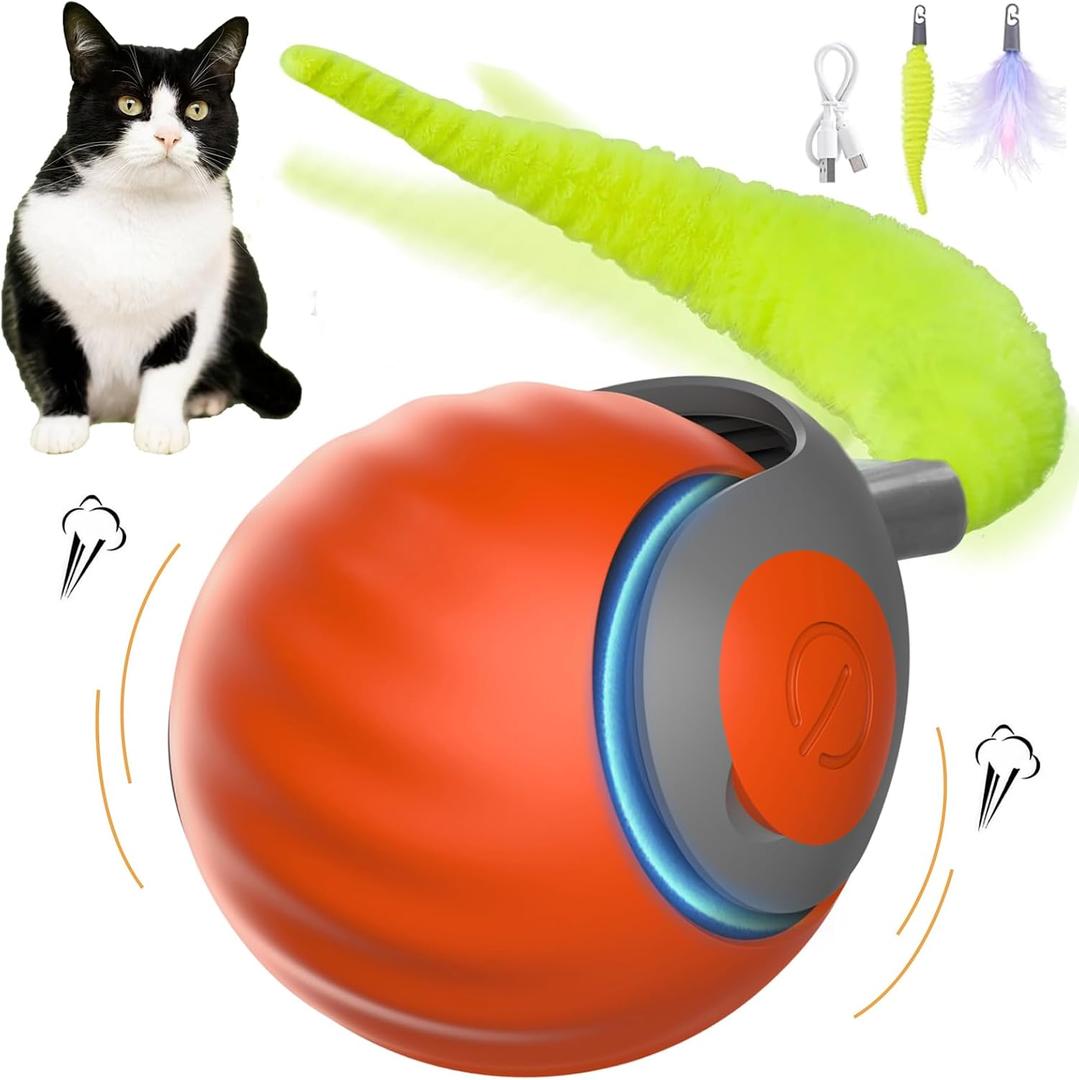 3 x Upgraded Speedy Interactive Cat Ball 4.0 Toys with 2 Optional Tails, Smart Moving Ball Cat Toy for Bored Indoor Cats, Rechargeable & Detachable Automatic Kitten Rolling Balls Toy (Orange)