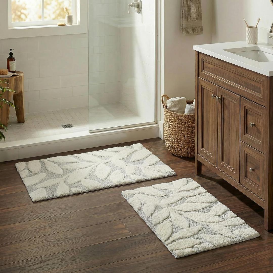 2 Piece Bathroom Rug Set - 35x22 Inch and 25x18 Inch 100% Cotton Bath Mats with Textured Botanical Leaf Print for Boho Bathroom Decor - Bath Rugs Non Slip Washable Bathmats by Lavish Home (Grey)