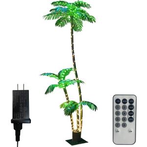 Artificial Palm Tree Christmas Tree 7Ft 3Trunks 260LED Lighted Simulation Tropical Palm Tree Fake Plant Light for Patio Home Office Beach Yard Cruise Hawaiian Party Tiki Bar Decorations - Electric