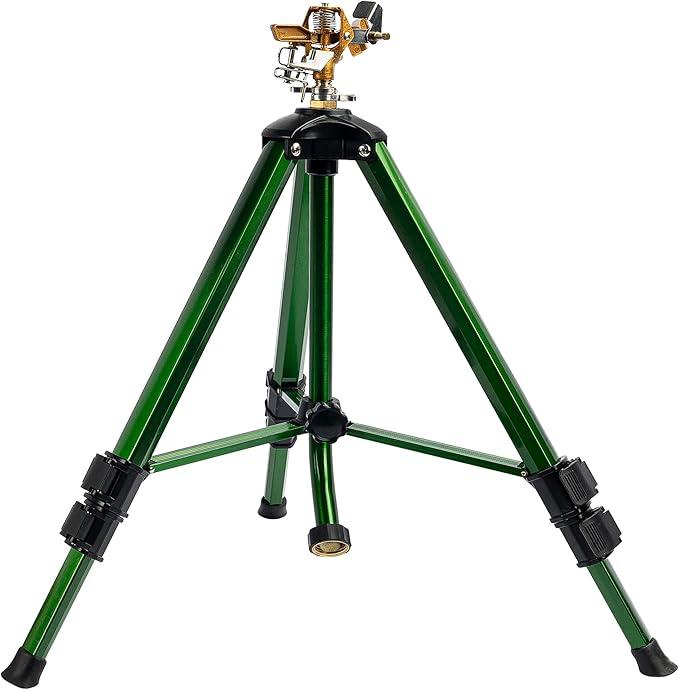 Impact Sprinkler on Tripod Base, Heavy Duty Brass Sprinklers for Yard Lawn Garden, 0-360 Degree Large Area Coverage, 3/4 Inch Connector Extension Legs Flip Locks with Brass Sprinkler Head
