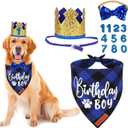 ADOGGYGO Dog Birthday Party Supplies, Blue Plaid Birthday Boy Dog Bandana, Golden Pet Party Hat with Numbers, Bowtie for Extra Large Pets (X-Large)