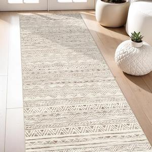 3x7 Washable Hallway Runner Rug - Moroccan Non-Slip Indoor Table Long Runners for Entryway Soft Low-Pile Neutral Rugs for Kitchen Waterproof Geometric Carpet for Bedroom Bathroom Laundry 3x7 Beige