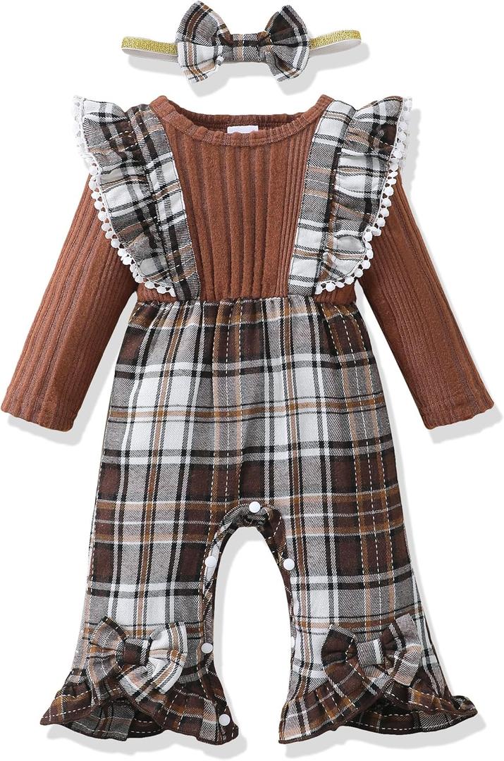 Renotemy Newborn Baby Girl Clothes Fall Winter Outfit Ribbed Romper Plaid Overalls Jumpsuit Infant Girl Outfits 0-18 Months (Brown)