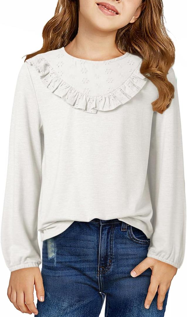 DOKOTOO KIDS Girls Cute Shirts Lace Embroidered Long Sleeve Tops 2025 Fall Fashion Knit Crewneck Blouses 6-13 Years (White, L)