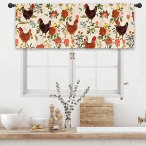 Rooster Chicken Flower Kitchen Curtain Valance 54W x 18L Inch Farmhouse Rustic Vintage Peony Country Rural Rod Pocket Short Cafe Small Window Treatment Drapes Decor, 54"W x 18"L (Pack of 1), Red Flower Rooster