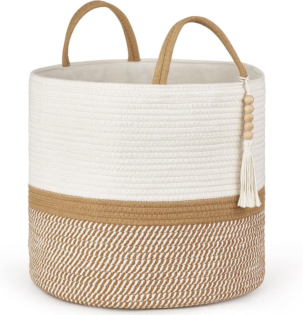 Mkono Woven Storage Basket Decorative Natural Rope Basket Wooden Bead Decoration for Blankets,Toys,Clothes,Shoes,Plant Organizer Bin with Handles Living Room Home Decor, 16"W13.8"L, White and Brown