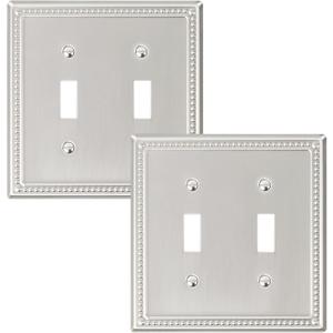 2-Pack Double Toggle Light Switch Cover Plate, Pearls Decorative Dual Switch Plate Covers, Brushed Nickel 2 Gang Metal Wall Plate, Corrosion Resistant