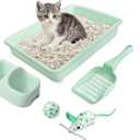 PAWISE Cat Litter Box Set, Small Kitten Starter Kit, Includes Litter Box, Litter Scoop, Double Dish Feeding Bowl, Cat Mouse Toy, Kitty Ball Toy, Green