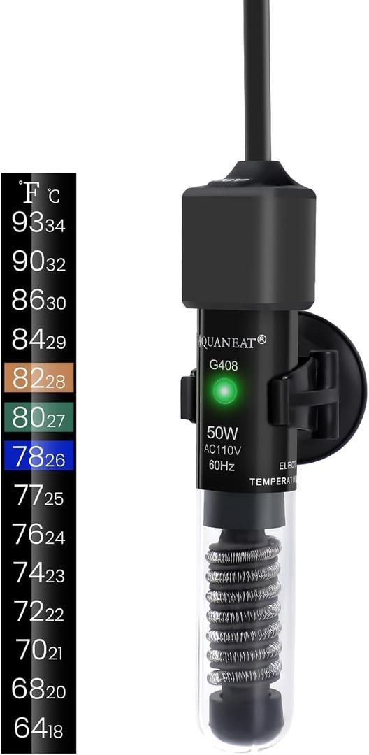 AQUANEAT Aquarium Heater, 50W Small Betta Fish Tank Heater, Mini Preset Water Thermostat with a Thermometer