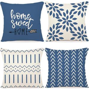 YCOLL Pillow Covers 18x18 Set of 4, Modern Sofa Throw Pillow Cover, Decorative Outdoor Linen Fabric Pillow Case for Couch Bed CarLight Blue