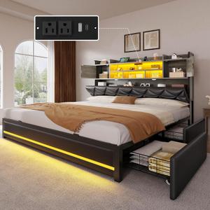 YITAHOME King Size Bed Frame with RGB LED Lights & Storage Bookcase Headboard, Upholstered Bed with Charging Station and 4 Drawers, No Box Spring Needed, Easy Assembly, Noise-Free, PU Leather Black