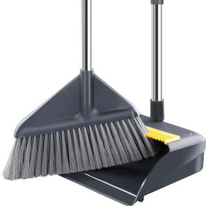 Broom and Dustpan Set for Home with 52 Inch Long Angled Handle - Stand Up Dustpan No Warping Metal Edge, Ergonomic Sweeping, 4 Layer Bristles and Hair Cleaning Teeth for Kitchen Office