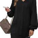 Women's Pullovers Jumper Sweaters Lantern Sleeve Casual V Neck Fall Knit Mini Sweater Dresses (X-Large, Black)