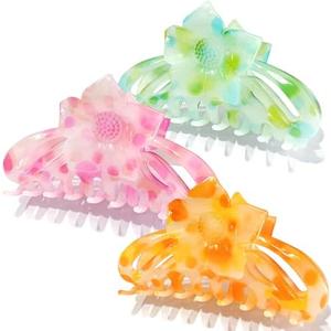 Miniluck Flower Hair Claw Clips - 3PCS Big Clips for Women/Girls, Cute Nonslip Medium Colorful Hawaiian Flower Clips with Strong Hold for Thick/Thin Hair
