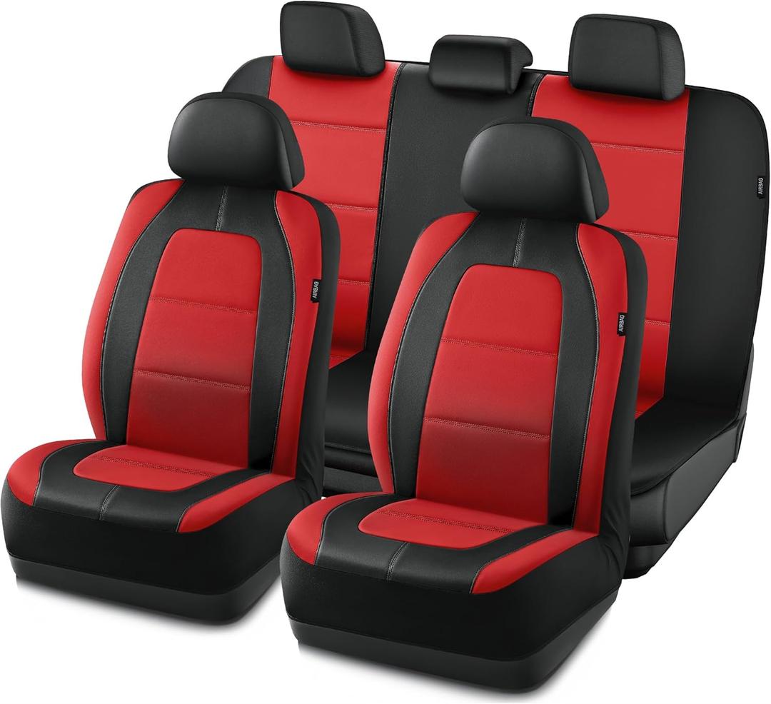 Road Comforts Car Seat Cover, Leather Car Seat Cover Full Set, Automotive Seat Covers, Airbag Compatible Universal Fit for Most Cars (Red)