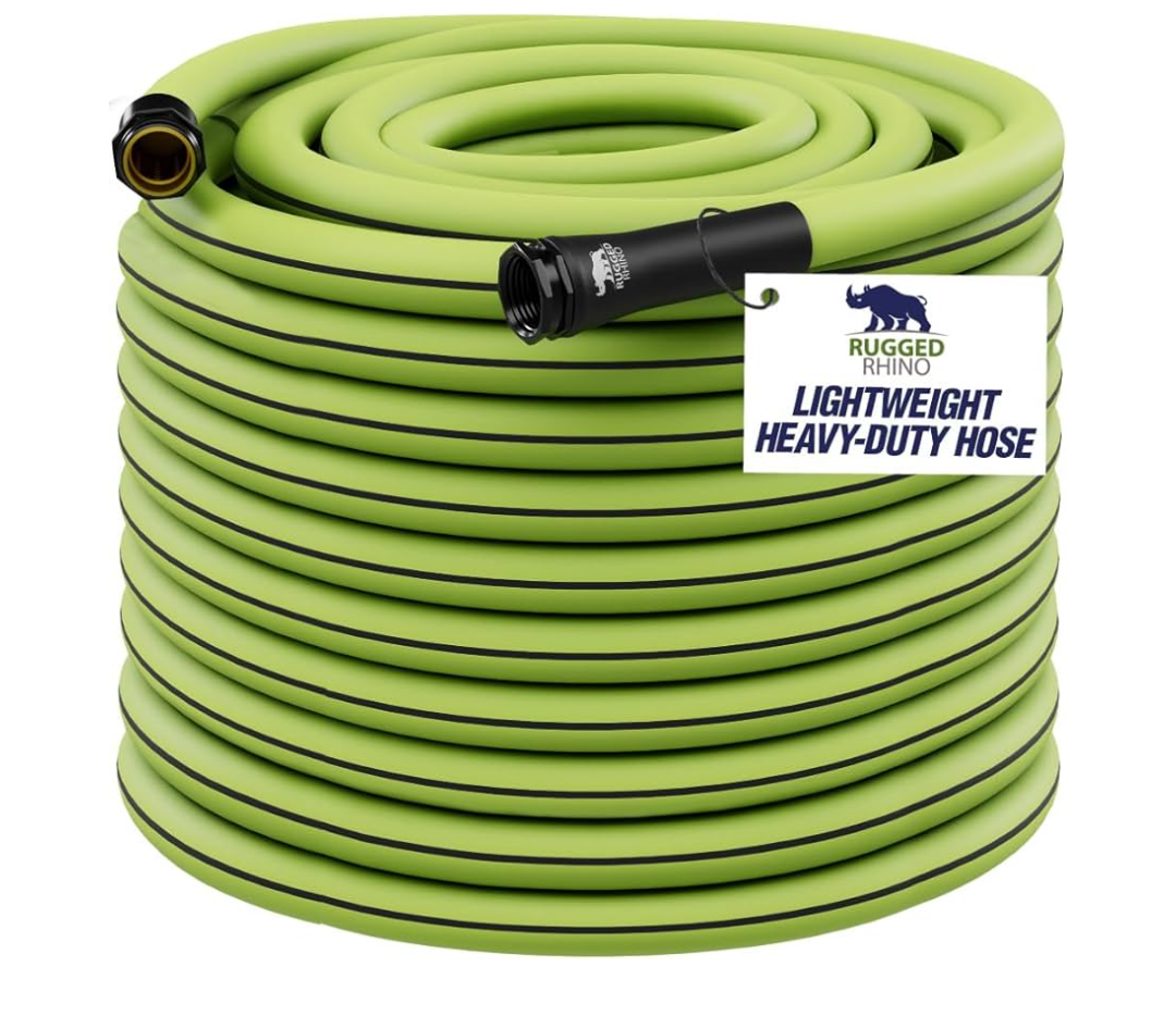 Rugged Rhino Heavy Duty Flexible Light Weight Garden Hose, 25ft x 5/8in, 4 Layer Leakproof Outdoor Gardening Tools, Watering Supplies, Powerful Water Pressure for Lawn, Flowers, Green Black