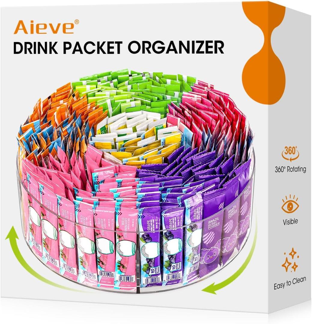 AIEVE Extra Large Drink Packet Organizer, 360 Lazy Susan Rotating Turntable for Larger Powder Drink Mix, Hydration Packets Acrylic Pantry Organizers for Kitchen Storage Organization (Round - 10 inch)