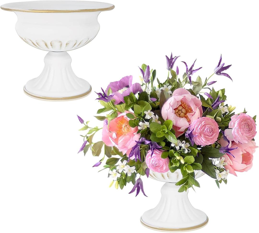 White Wedding Vases for Centerpieces: Small Flower Vase for Tables - 5 Inch Metal Compote Bowl Urn Pedestal for Party Anniversary Event Home Decor Set of 2