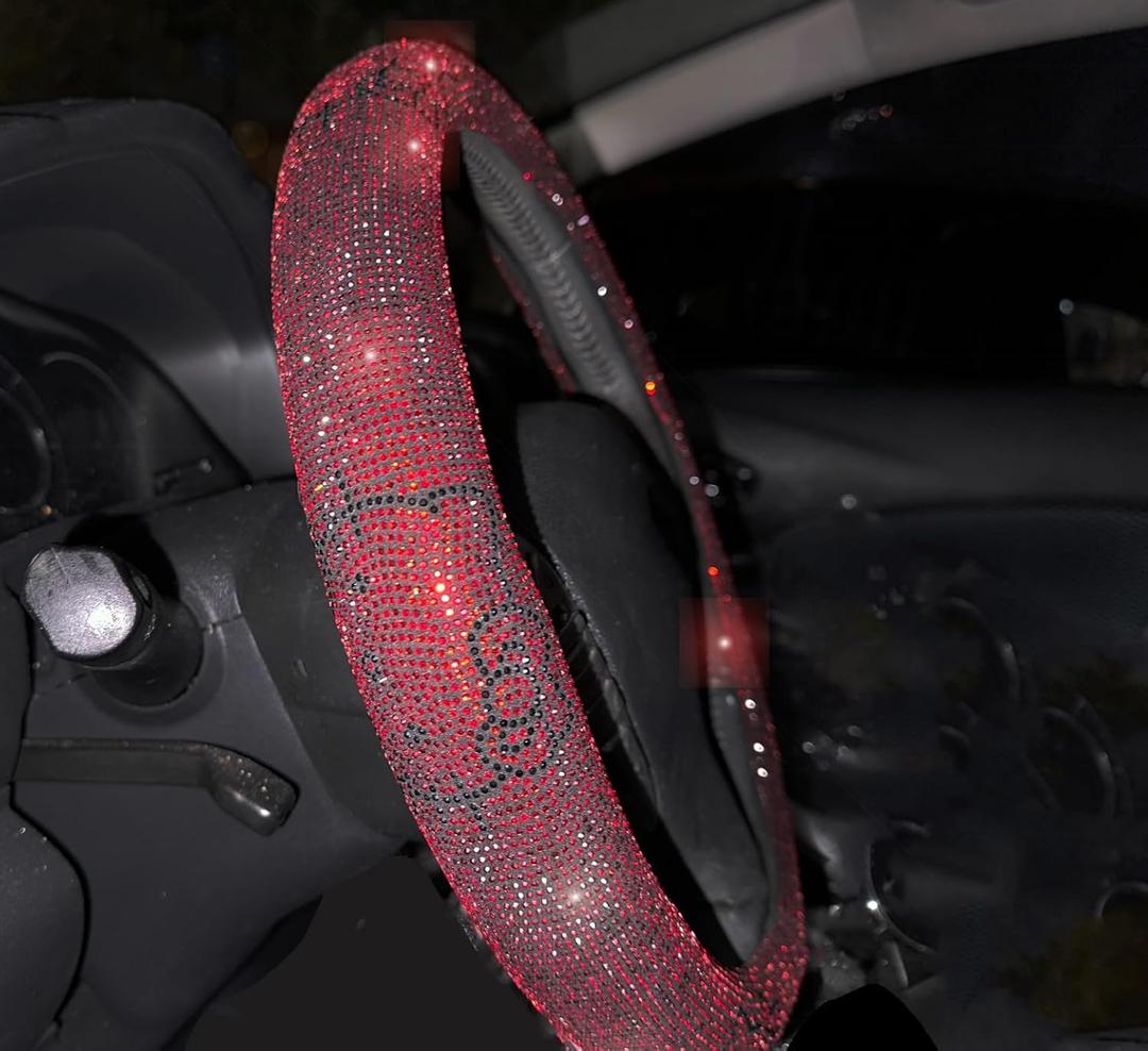Fashion Car Ultra Bling Steering Wheel Cover with Sparkly Diamond Rhinestones, Gorgeous Accessory with Anti Slip Lining Extra Bling Especially Shiny Cat Exotic Universal (Red)