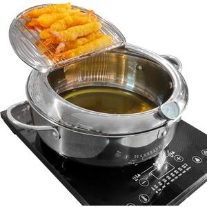 Deep Fryer Pot (F), 11"/4.4Qt (4.2 L) Extra Large Tempura Frying Pot with Lid, 304 Stainless Steel Fry Pot with Fahrenheit Thermometer and Oil Drip Drain Rack