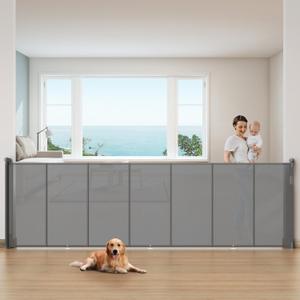 Upgrade Retractable Baby Gates Extra Wide (120" W x 42" H), 120 inch Reinforced Retractable Dog Gate to Prevent Crawling Through, Retractable Gate Outdoor/Indoor, Real One-Handed Operation, Gray