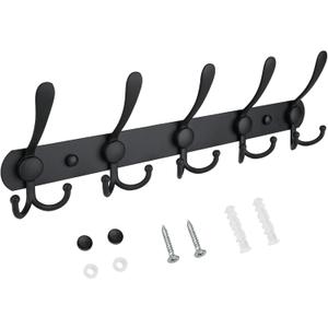 TICONN Wall Mounted Coat Rack, Five Heavy Duty Tri Hooks All Metal Construction for Jacket Coat Hat in Mudroom Entryway (Matte Black, 1-Pack)
