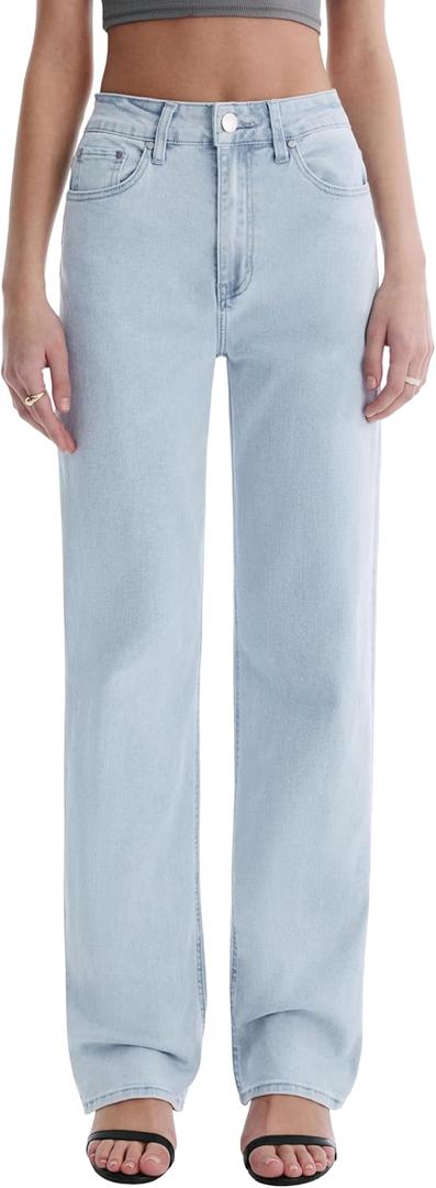 Womens Jeans High Waisted Straight Leg Stretchy Jeans Trendy Wide Leg Casual Fit Denim Pants (Blue)