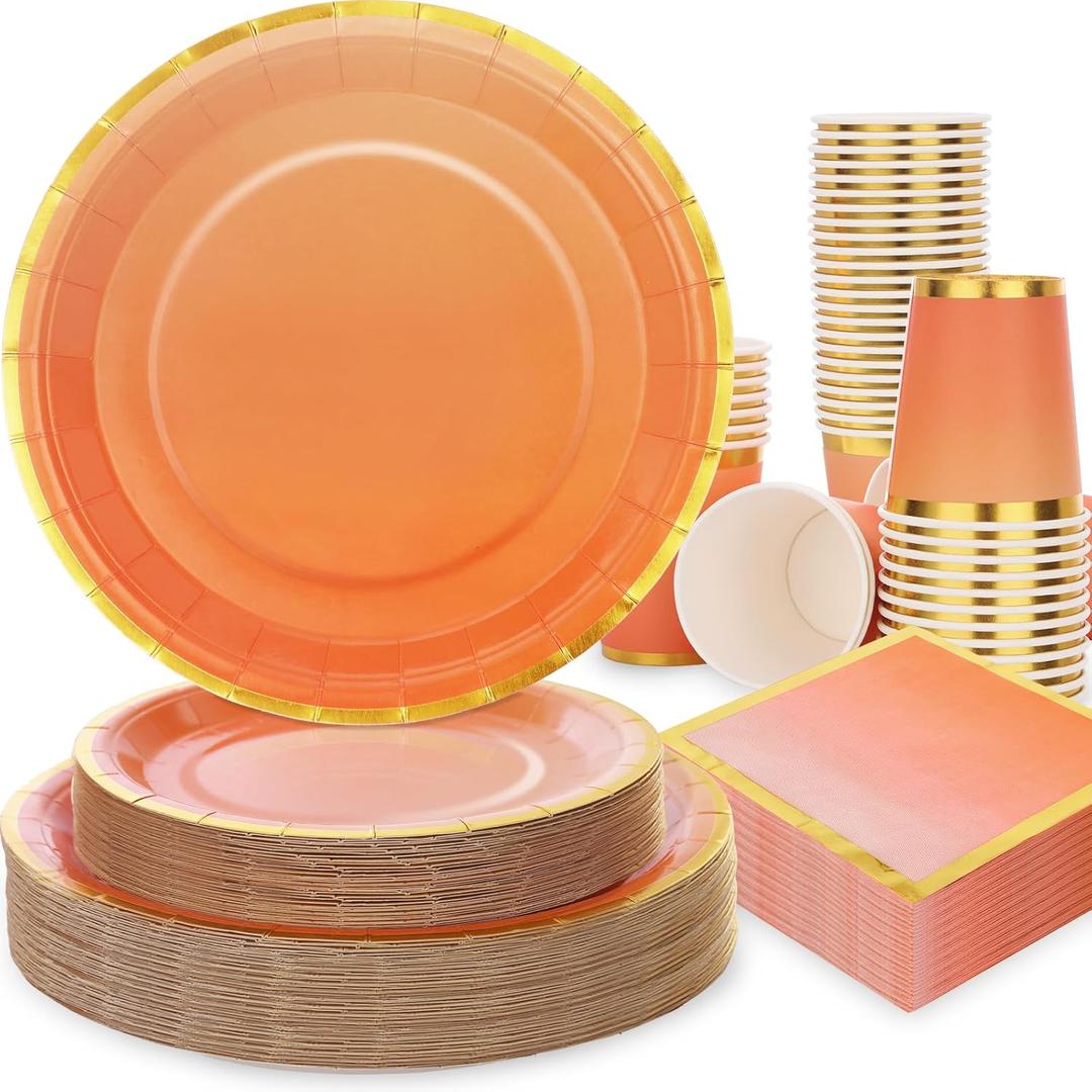 Gudvilla Orange Plates and Napkins Party Supplies 200Pcs, Orange Party Decorations, Serve 50, Fall Paper Plates for Birthday Autumn Fall Decorations